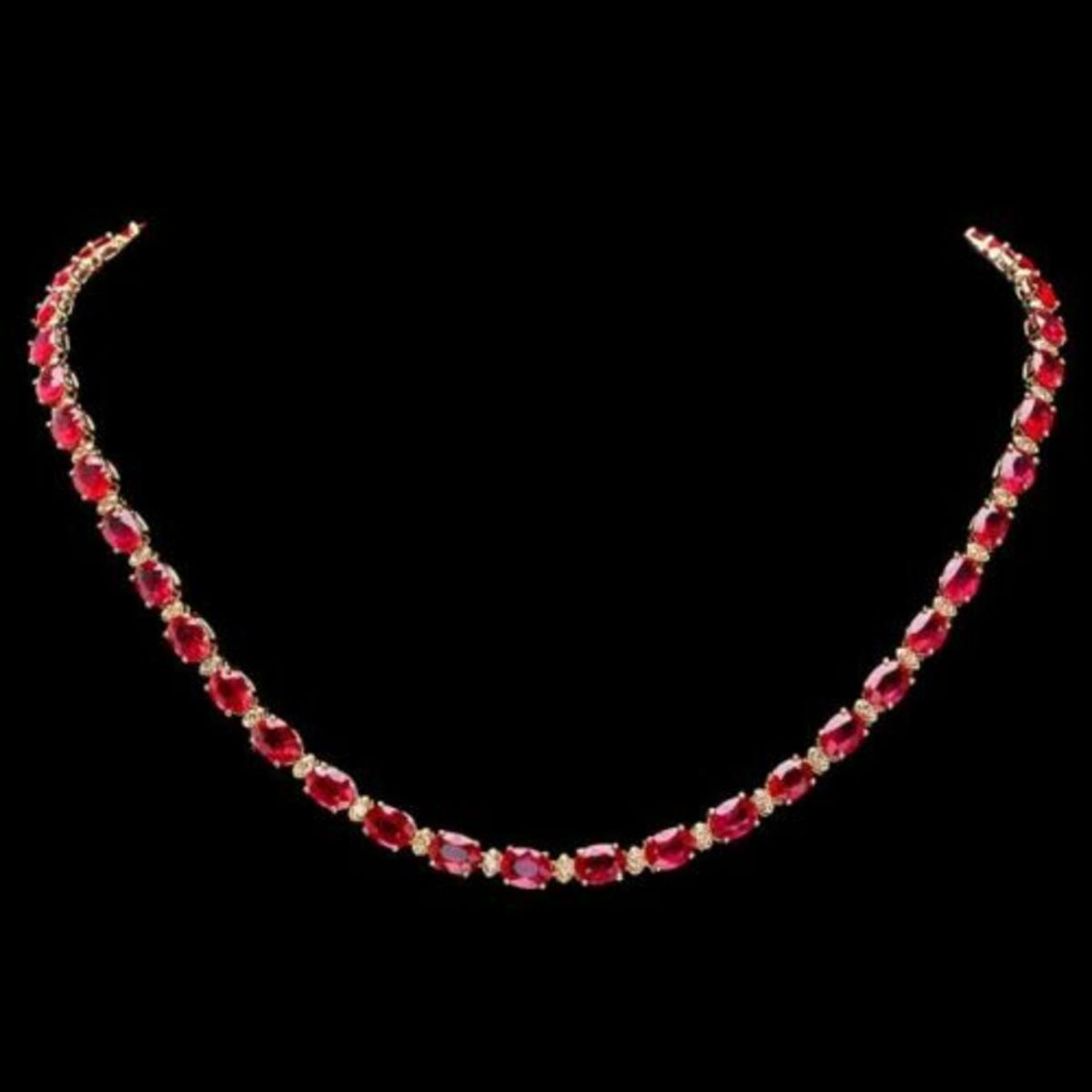 14K Yellow Gold 43.25ct Ruby and 1.15ct Diamond Necklace