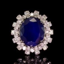14K White Gold 12.50ct Sapphire and 3.87ct Diamond Ring
