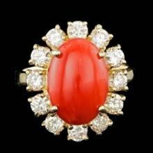 14K Yellow Gold 5.78ct Coral and 1.58ct Diamond Ring