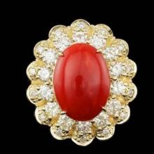 14K Yellow Gold 5.09ct Coral and 1.78ct Diamond Ring
