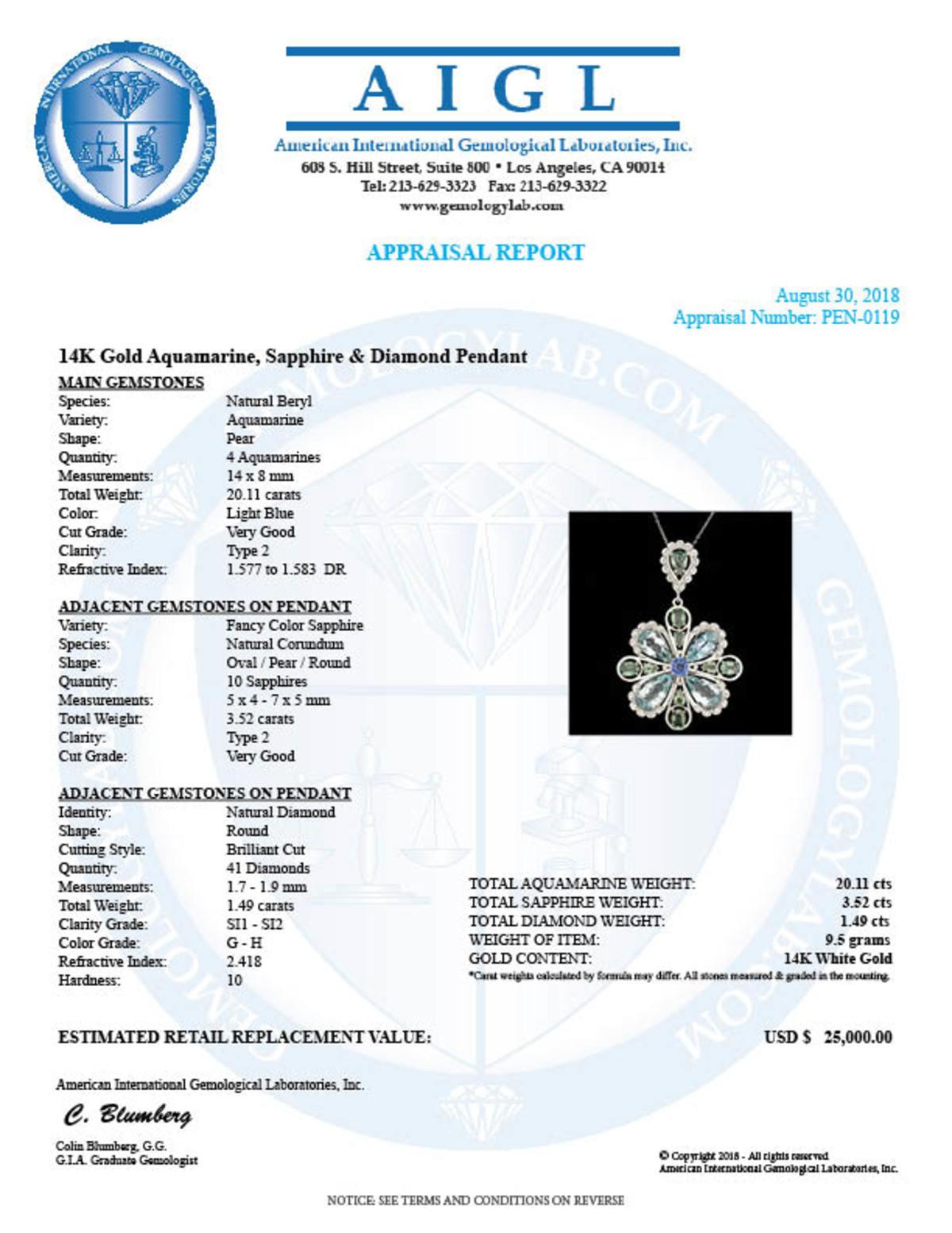 14K Gold 20.11ct Aquamarine 3.52ct Sapphire 1.49ct Diamond Pendant