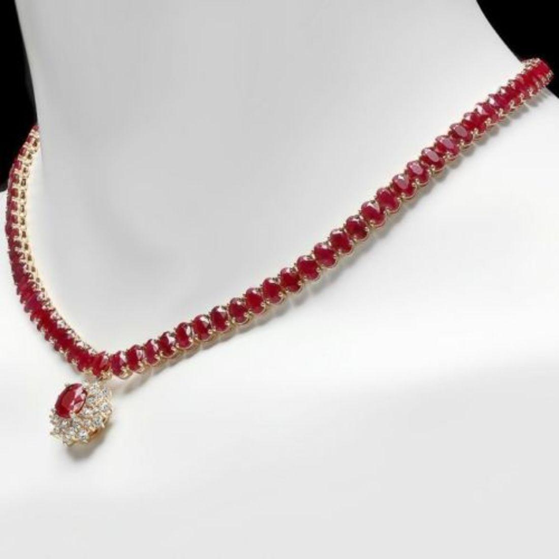 14K Yellow Gold 58.90ct Ruby and 1.25ct Diamond Necklace