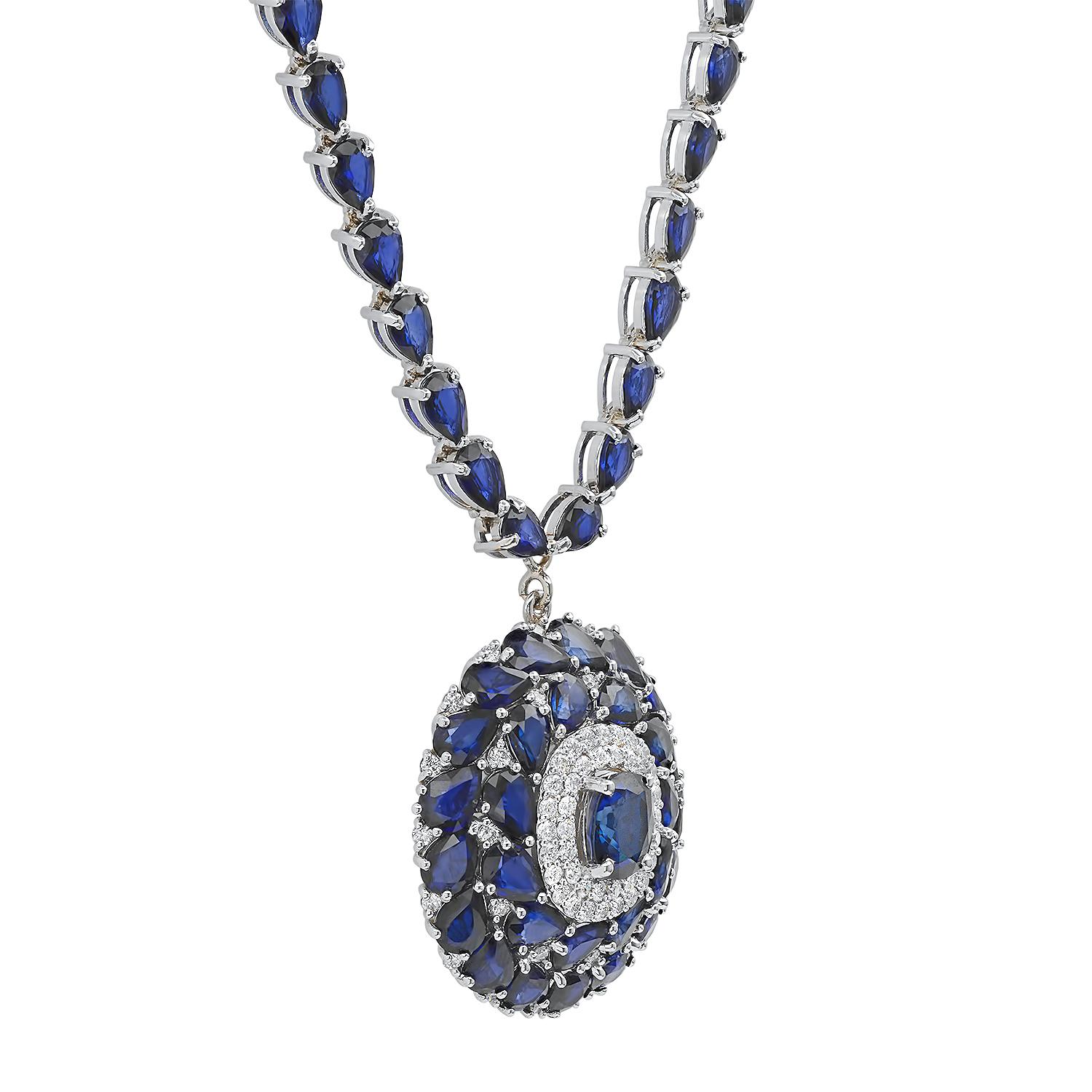 14K White Gold 44.06ct Sapphire and 1.65ct Diamond Necklace