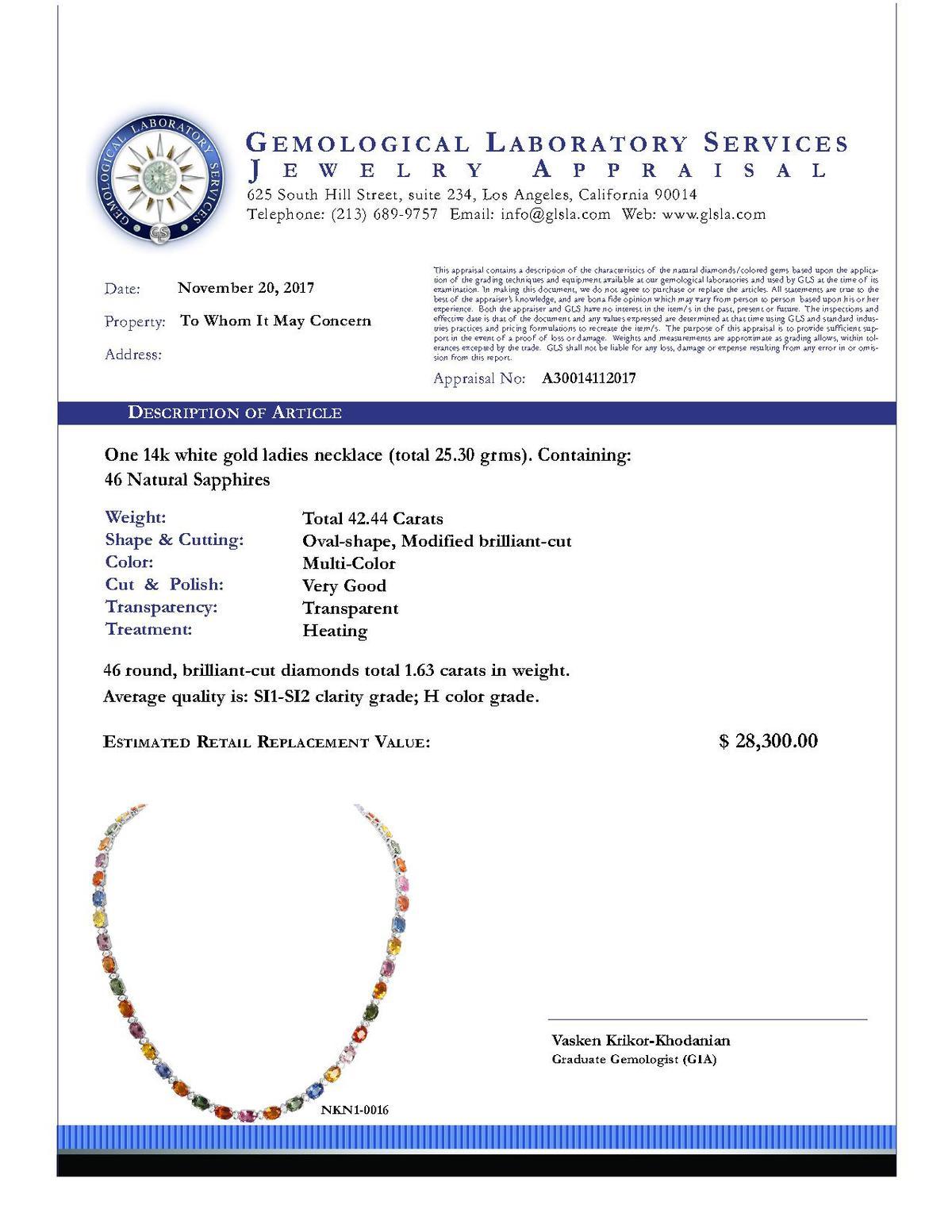 14k White Gold 42.44ct Sapphire 1.63ct Diamond Necklace