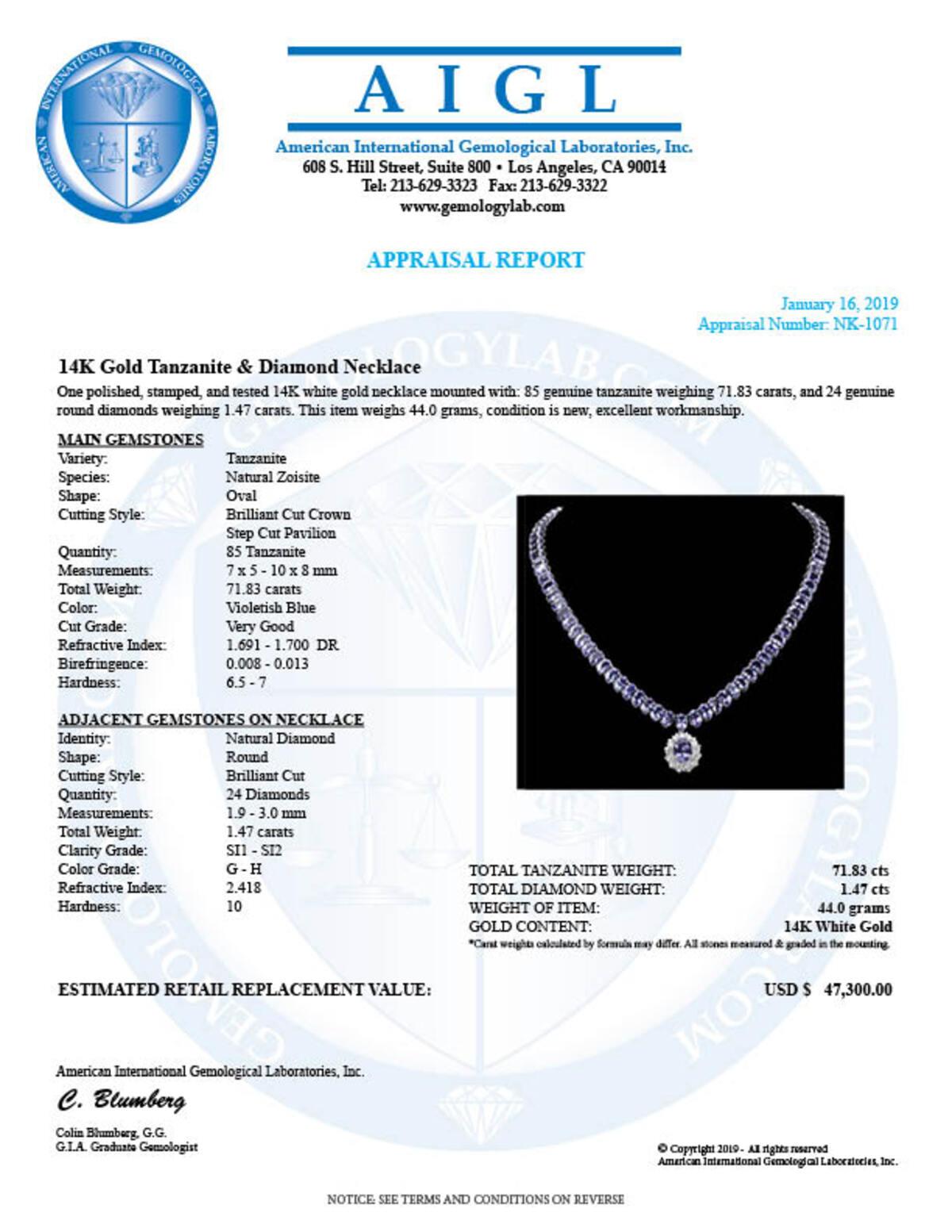 14K White Gold 65.62ct Tanzanite and 1.47ct Diamond Necklace