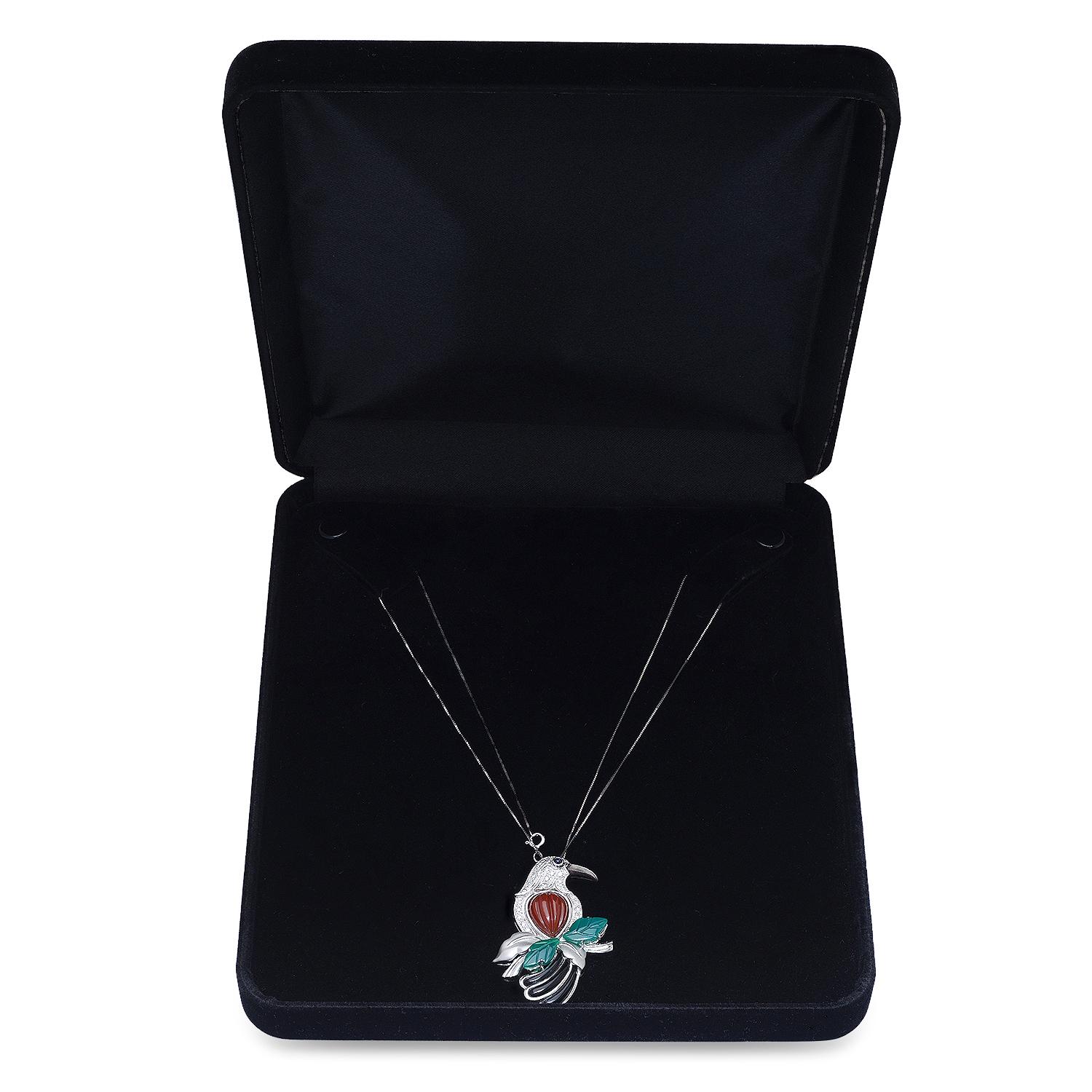 18K White Gold Setting with 0.28ct Diamond, 0.07ct Sapphire and Chalcedony Bird" Pendant"