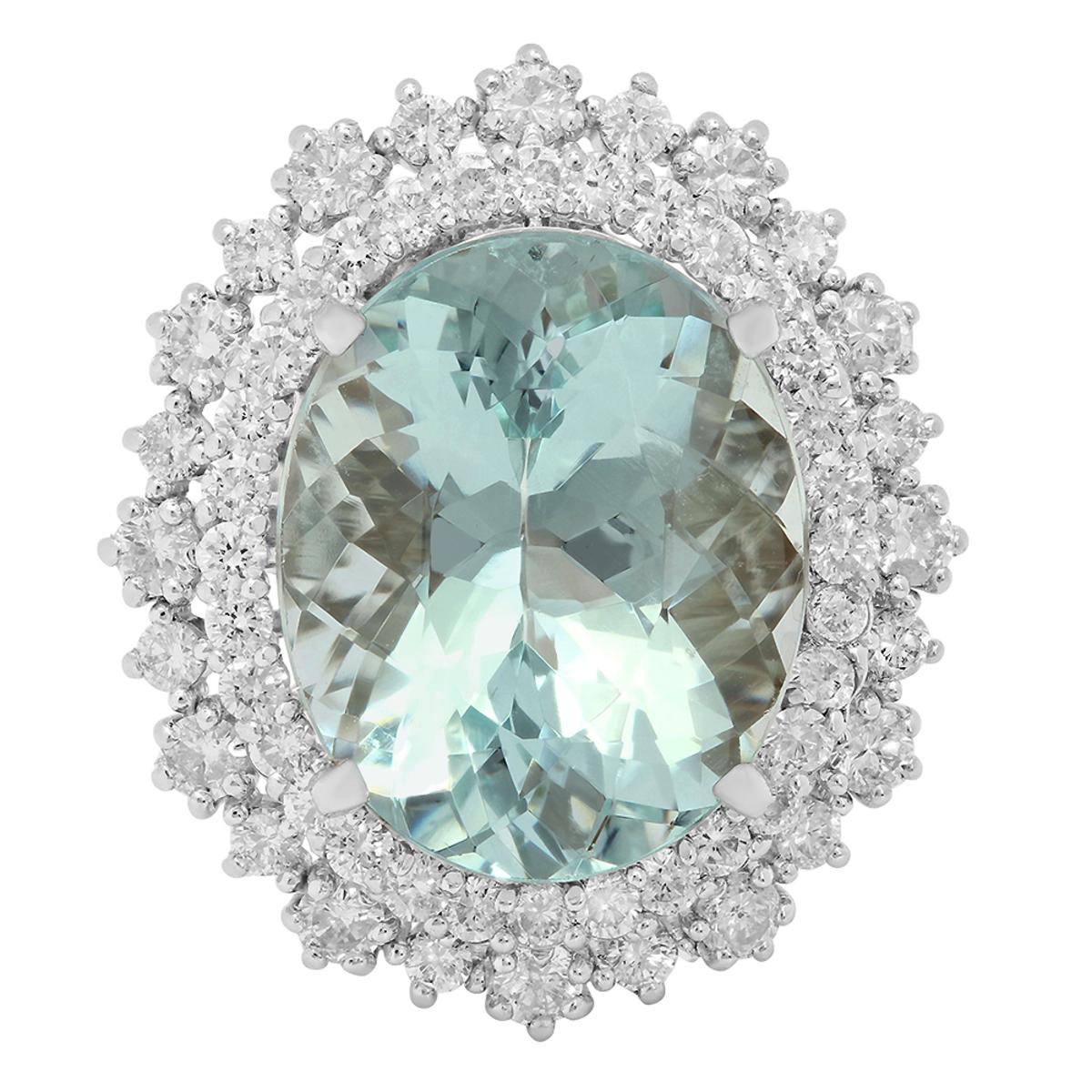 14k White Gold 12.21ct Aquamarine 1.78ct Diamond Ring