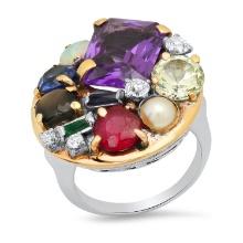 14K White Gold Setting with Diamonds and Multiple Gemstone Ring