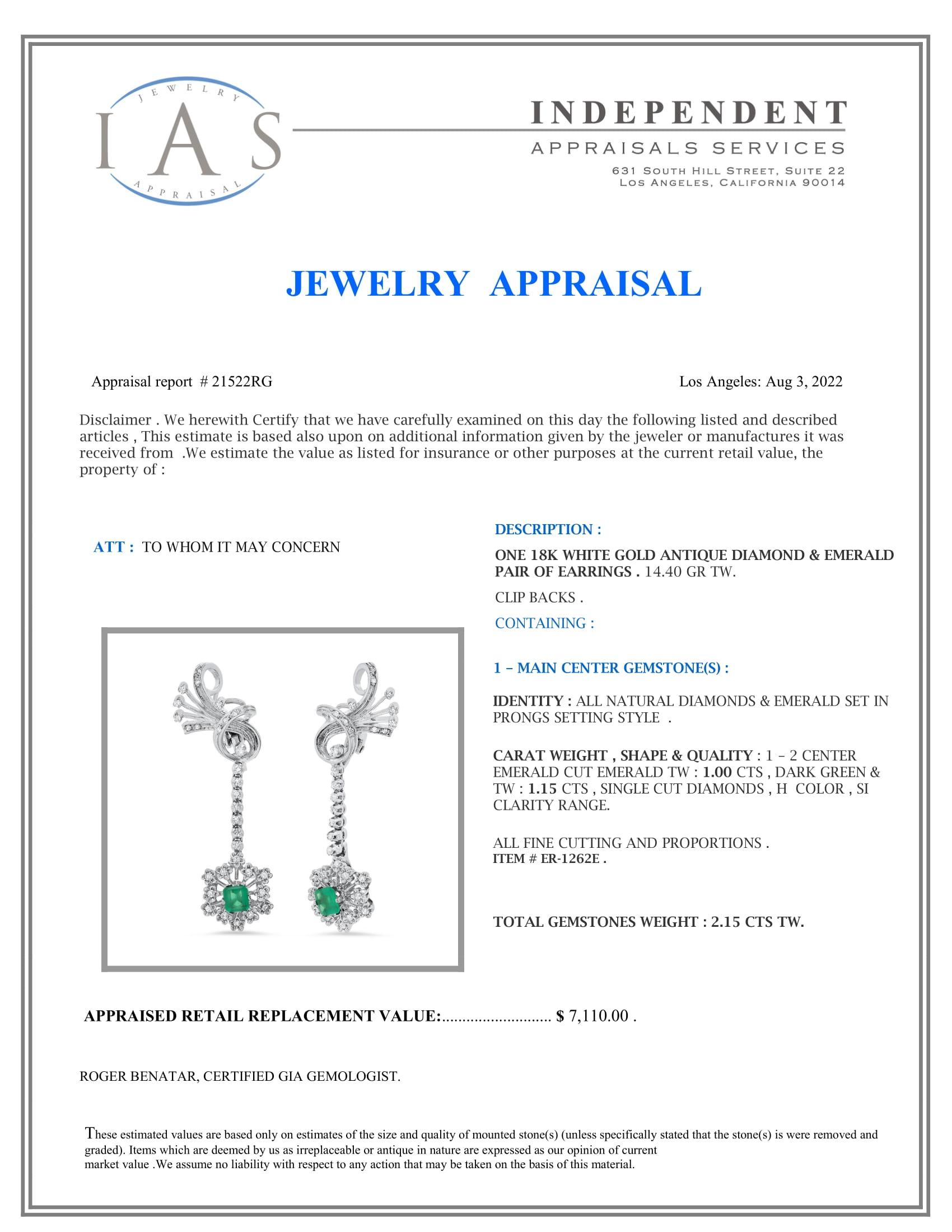 14K White Gold Setting with 1.0ct Emerald and 1.15ct Diamond Earrings