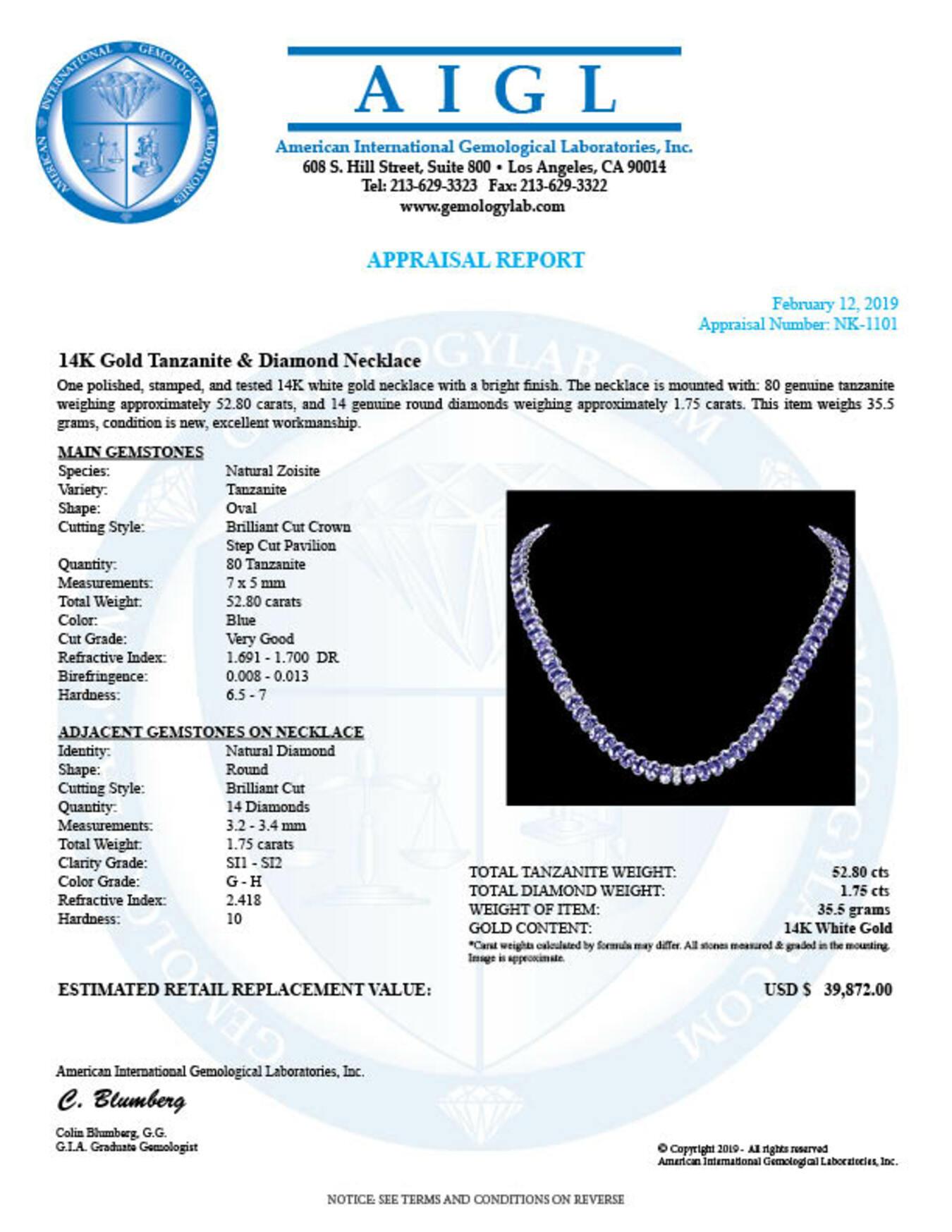 14K White Gold 52.80ct Tanzanite and 1.75ct Diamond Necklace