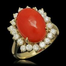 14K Yellow Gold 5.68ct Coral and 1.01ct Diamond Ring