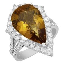 14k White Gold 5.61ct Yellow Beryl 1.12ct Diamond Ring