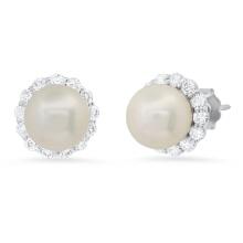 14K White Gold Setting with White 9mm South Sea Pearls and 0.76ct Diamond Earrings