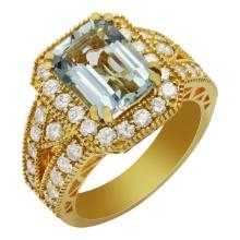 14k Yellow Gold 3.42ct Aquamarine 1.28ct Diamond Ring