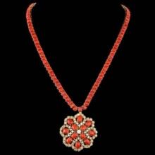 14K Yellow Gold 56.35ct Coral and 5.38ct Diamond Necklace