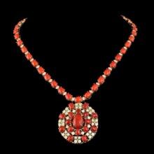 14K Yellow Gold 59.82ct Coral and 6.29ct Diamond Necklace