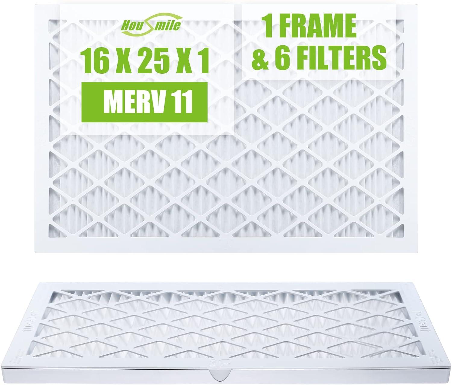 Housmile 16x25x1 Air Filter, 1 Reusable Frame + 6 Filters, MERV 11, MPR 1000, Retail $40.00