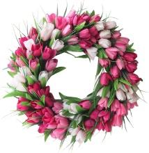 20 Inch Artificial Silk Tulip Floral Wreath w/Green Leaves, Pink, Green, Pink,19.7", Retail $55.00