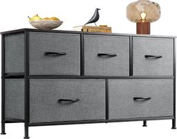 WLIVE ASNG020 Dresser for Bedroom, with 5 Drawers & Fabric Bins, Dark Grey, Retail $65.00
