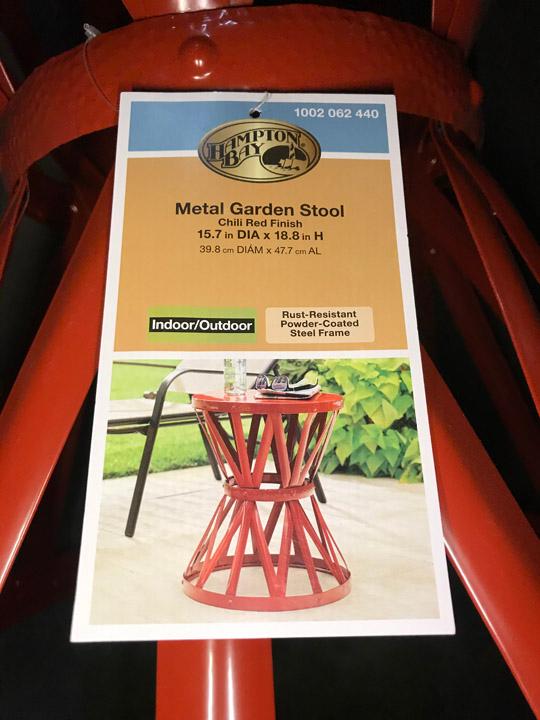 Hampton Bay 18.9 in. Round Metal Garden Stool in Chili. $40 MSRP