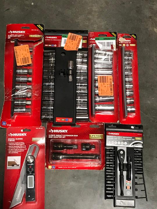 Husky tools, sockets, wrench sets, and accessories. $243 MSRP