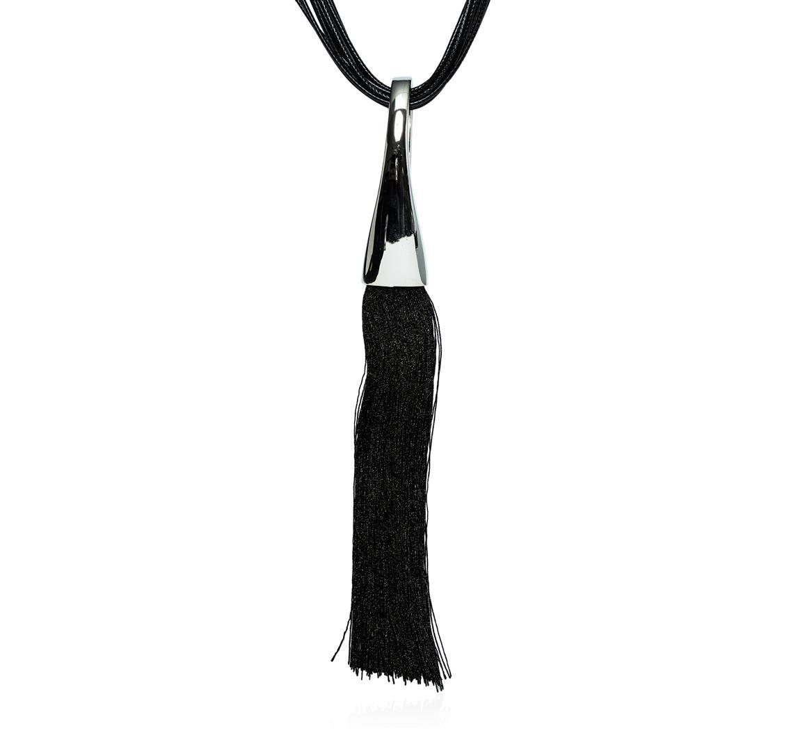 Silk Tassel Leather Necklace - Rhodium Plated