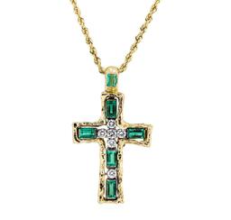 5.45 ctw Emerald and Diamond Pendant with Chain - 14KT Yellow And White Gold