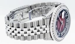 Rolex Mens Stainless Steel Red Vignette Roman Diamond Datejust Wristwatch With W