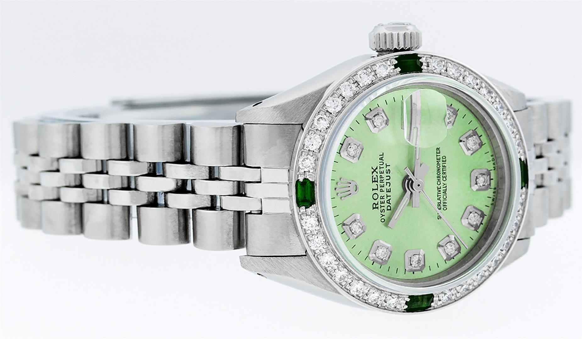 Rolex Ladies Stainless Steel Green Diamond & Emerald Datejust Wristwatch