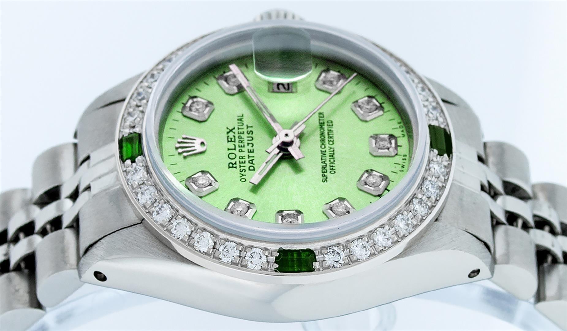 Rolex Ladies Stainless Steel Green Diamond & Emerald Datejust Wristwatch