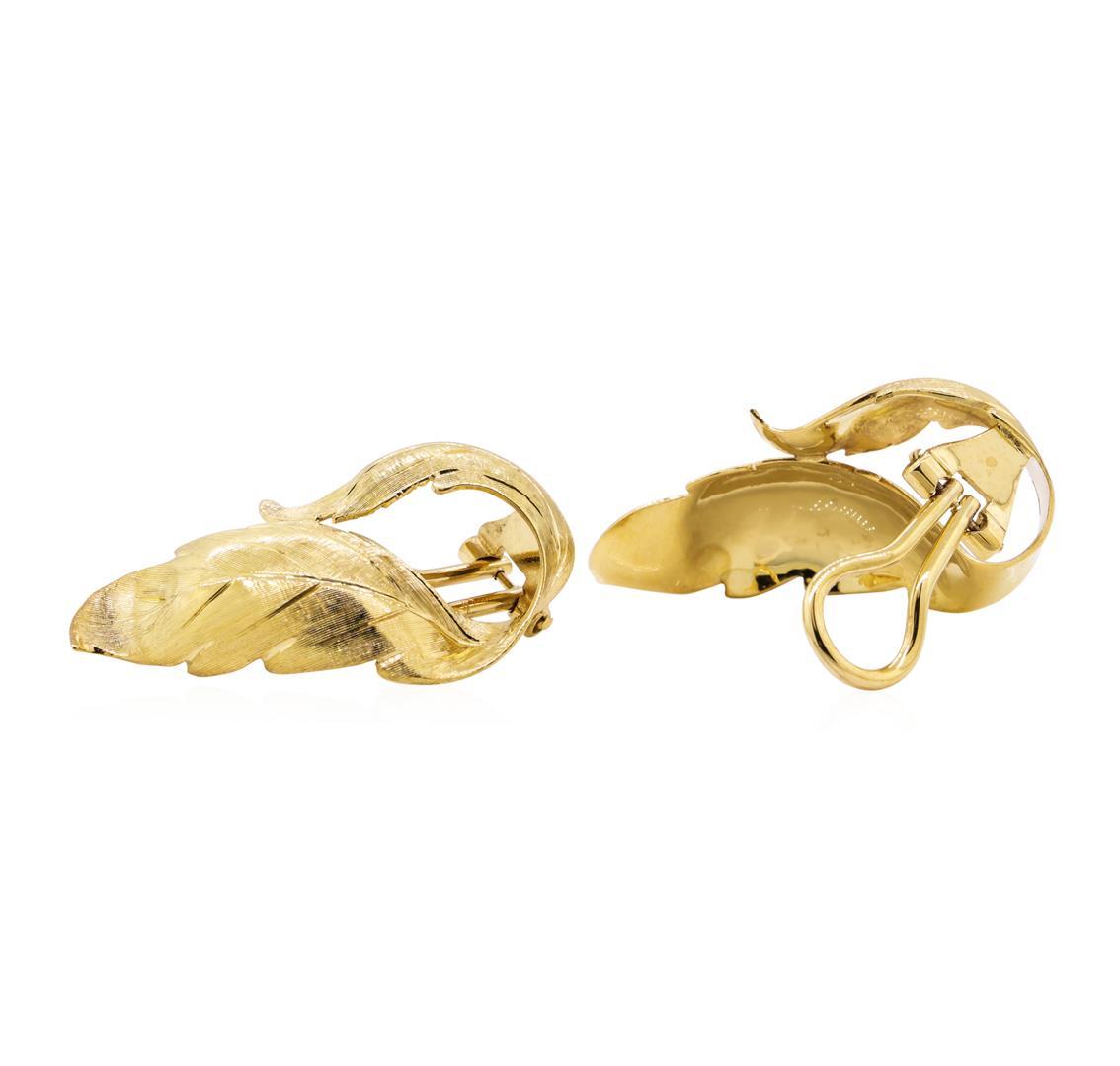 Sculpted Double Leaf Motif Omega Clip Back Earrings - 18KT Yellow Gold