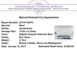 3.15 ct.Natural Emerald Cut Aquamarine
