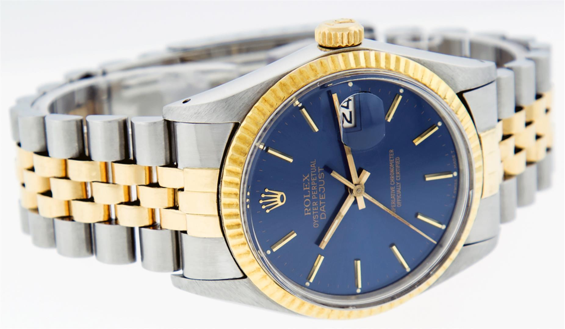Rolex Mens 2T Yellow Gold And Steel Blue Index Fluted Bezel Datejust Wristwatch