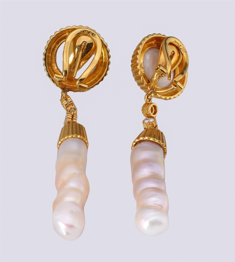 Pair 18K Yellow Gold Mabe & Baroque Pearl Earrings