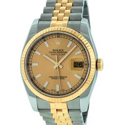 Rolex Mens 2T 18K Yellow Gold And Steel Champagne Index Datejust With Hidden Cla