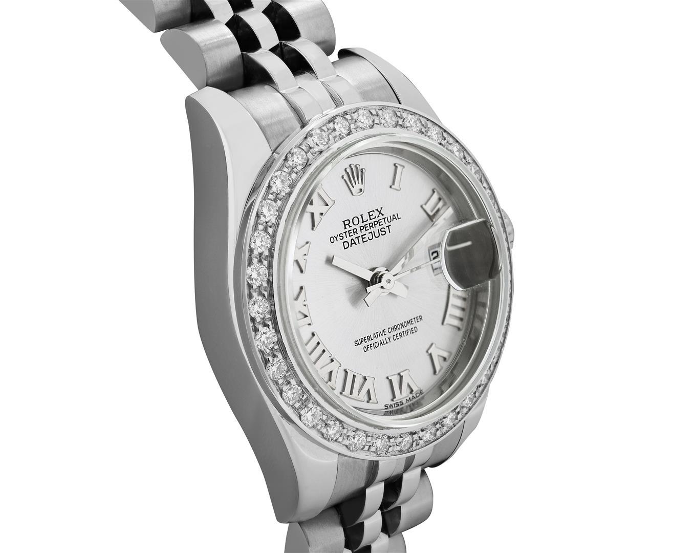 Rolex Ladies Quickset Stainless Steel Gray Roman 18K White Gold Diamond Bezel Da
