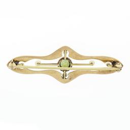 Antique Victorian 14k Gold Peridot Seed Pearl Hand Engraved Open Bar Brooch Pin