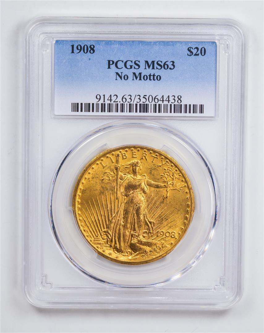 1908 $20 No Motto Double Eagle Gold Coin PCGS MS63