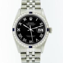 Rolex Mens Stainless Steel Black Roman Diamond & Sapphire Datejust Wristwatch 36