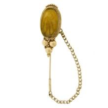 Antique 18K Yellow Gold Large Carved Agate Intaglio Stick Pin w/ Cap & Chain