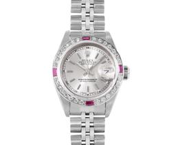 Rolex Ladies Quickset Stainless Steel 18K White Gold Diamond And Ruby Datejust W