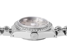 Rolex Ladies Stainless Steel Silver Index 18K White Gold Pave Bezel Date Watch