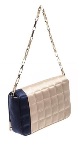 Chanel Beige Blue Satin Chocolate Bar Chain Shoulder Bag