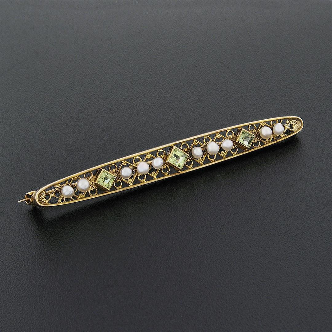 Antique Art Nouveau 14k Yellow Gold Peridot Seed Pearl Open Work Bar Pin Brooch