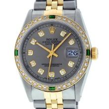 Rolex Mens Two Tone Slate Grey Diamodn And Emerald Datejust Wristwatch