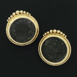Vintage 18k Yellow Gold 18.3mm Bezel Set Round Ancient Coin Omega Back Earrings