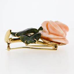 Vintage 14K Yellow Gold Carved Pink Coral Rose Flower w/ 3 Jade Leaf Brooch Pin