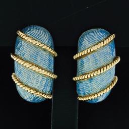 Vintage 18k Yellow Gold Textured Baby Blue Enamel Twisted Wire Dome Earrings