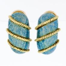 Vintage 18k Yellow Gold Textured Baby Blue Enamel Twisted Wire Dome Earrings