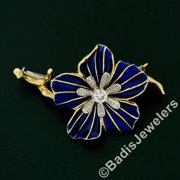 Vintage Italian 18k Gold Round Diamond Dark Blue Enamel Flower Branch Brooch Pin